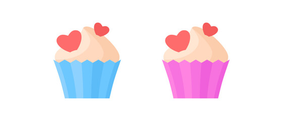 Set of Cupcakes for Happy Valentine's Day, isolated flat illustration in transparent background