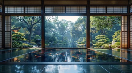 Tranquil Japanese garden view from a room with koi pond.