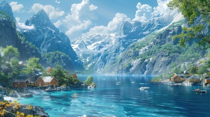Idyllic fjord village nestled amongst snow-capped mountains, reflecting in tranquil waters.