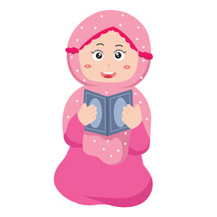 Girl in pink hijab reading quran. suitable for education and religious concepts, diverse and inclusive designs, cultural representation in visuals
