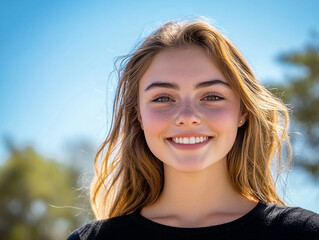 Close-up photo of beautiful woman against blue sky background