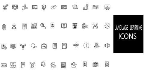 Language learning simple concept 44 icons set. Contains such hi,hello,rwading,writing,listening etc .Vector illustration.