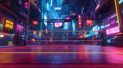 Futuristic neon-lit badminton court in a vibrant city alley.