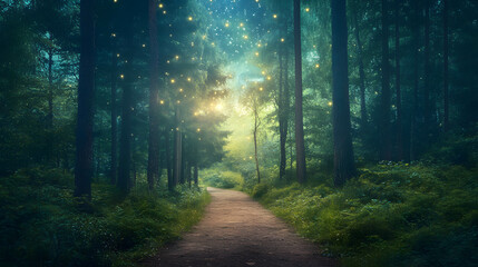 Fototapeta premium Magical forest path illuminated by glowing fireflies..