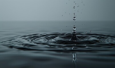 A single drop of water falls into a still body of water, creating a series of concentric ripples.