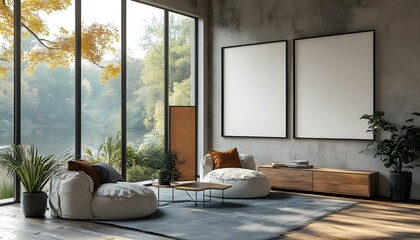 A cozy living room with large windows overlooking a serene lake and autumn trees. The room is furnished with a plush white sofa, a wooden coffee table, and a variety of plants