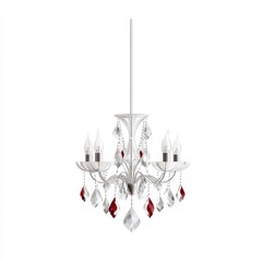 A chandelier with a red crystal design hanging from the ceiling