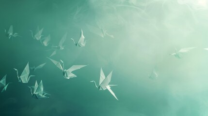 Obraz premium Ethereal paper cranes soaring elegantly against a teal gradient, bathed in soft ambient light