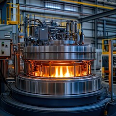Electric arc furnace in operation at an industrial plant, showing molten metal processing.