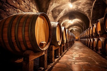Barrel wine cellar in a traditional castle, low-light, warm, rustic atmosphere