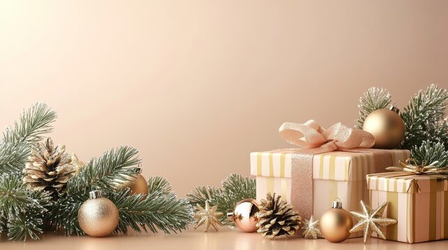 Merry Christmas and happy New Year background. Merry Christmas and Happy Holidays greeting card. Christmas scene with a tree, gift box, ribbon bows, and snowflakes. Winter xmas holiday. Copy space