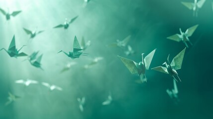 Obraz premium Elegant serenity delicate paper cranes floating on a soft teal gradient with gentle illumination