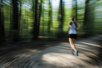 Fototapeta premium Blurry image of a woman running through a forest