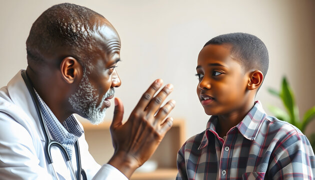 African American psychologist talking with a boy, mental health assessment, support with a white accent, png