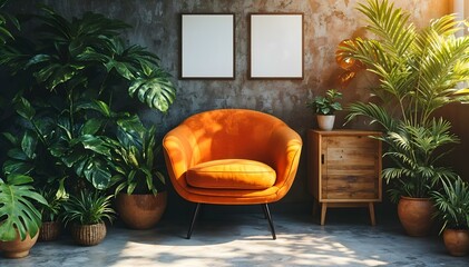 Obraz premium A cozy living room corner with an orange armchair surrounded by lush green plants. The room has a rustic, industrial feel with concrete walls and wooden furniture.