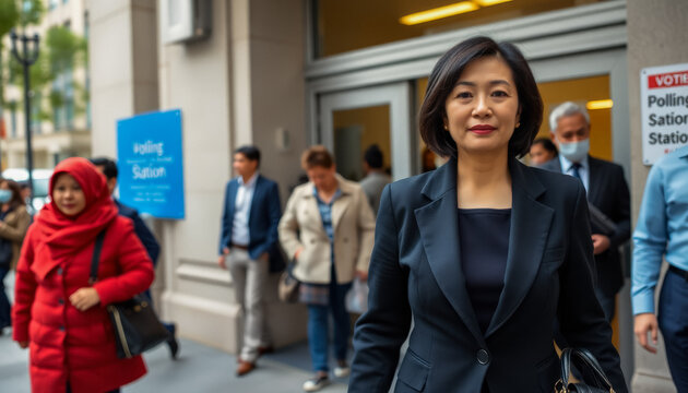 A confident woman exits a polling station, surrounded by election signs and people.