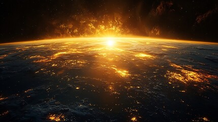 Fototapeta premium Vivid sunrise seen from space Earth glowing in blue and green with golden sun rays