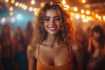 Fototapeta premium Vibrant nightlife with dancing girls under glittering lights. Perfect for use in entertainment venue advertisements or nightlife articles. Creates a sense of fun, liveliness and positive energy.