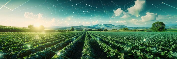 A vibrant landscape of rows of crops under a bright sky, blending nature with digital elements, symbolizing innovation in agriculture.