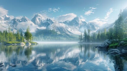 Fototapeta premium Serene mountain lake reflecting snow-capped peaks and lush forest under a bright sky.