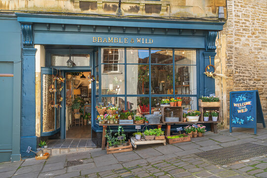 General view of Bramble & Wild florists sign on Catherine Hill  on 30 Oct 2024 in Frome Somerset,England