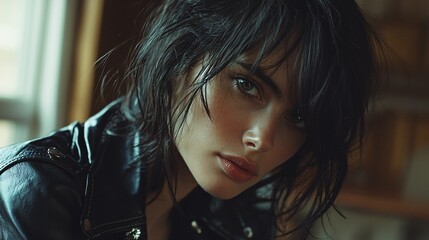 Young woman with expressive eyes in a casual setting during late afternoon light