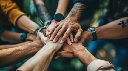 A warm, collaborative image showing diverse hands coming together in unity, symbolizing teamwork and shared purpose.