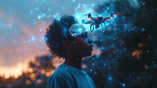 Boy imagines drone technology, futuristic concept.