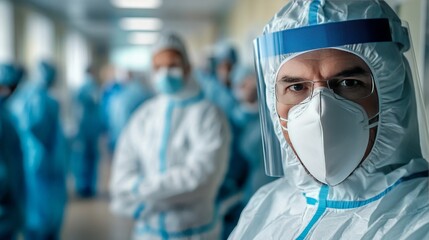 Hospital staff in hallways - Man's face highlighted
