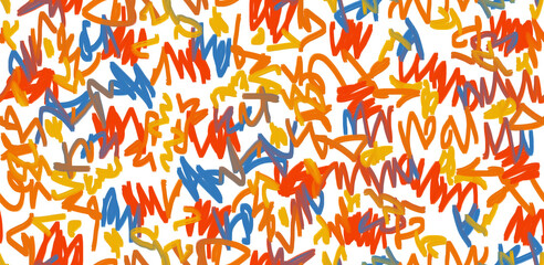 Trendy Seamless Pattern with Colorful Scribbles on a White Background. Simple Hand Drawn Abstract Doodle Print. Red, Blue, Orange and Yellow Brush Zigzags. Irregular Chaotic Childish Texture.