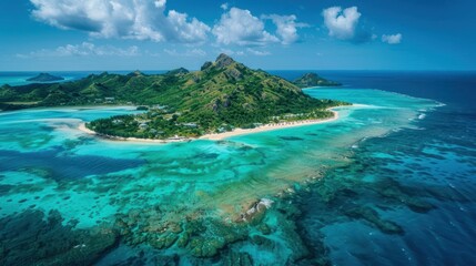 Tropical island paradise aerial view, showing vibrant coral reef, beach, and lush green mountains under a sunny sky.