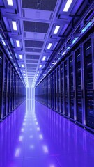 Network server room with rows of data servers, data, infrastructure