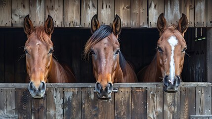 Obraz premium Three Happy Horses with Ears Forward Looking Out of Their Stalls in Beautiful Modern Stable. Equestrian Barn Life Theme.