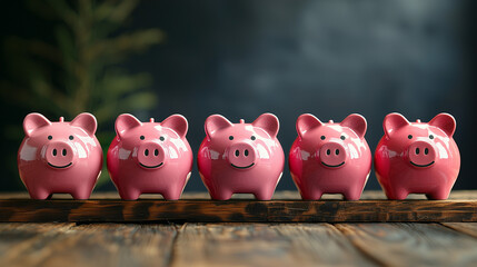 Row of pink piggy banks on a wooden table