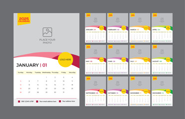 2025 Wall Calendar Template 12 month Editable and Printable Design for Home or Office