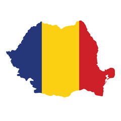 Obraz premium Romania outline of map on background of national flag
