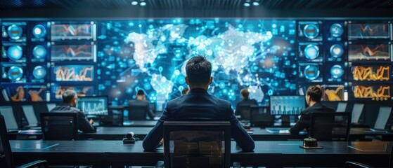 A team monitors an advanced digital control room with a global map display and various data screens, suggesting a focus on technology and surveillance.