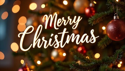Merry Christmas greeting text surrounded by festive decorations on a Christmas tree