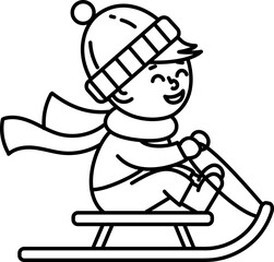 A child in a winter hat and scarf is riding a sled, joyfully gliding down a snowy hill.