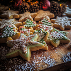 Christmas cookies in the shape of stars and trees, decorated with icing and sprinkled with powdered sugar. Pinecones, ornaments, and festive lights in the background