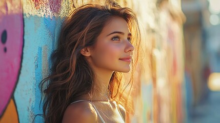 Naklejka premium Teenage woman in street style poses against a colorful wall in a vibrant urban setting