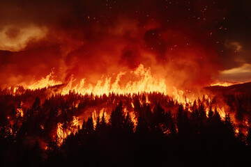 Intense wildfire engulfs a forest at night.