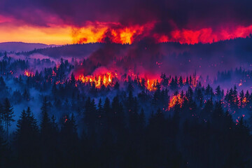Forest fire burning at night with orange glow and smoke.