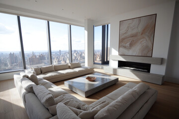 Modern living room with city view.
