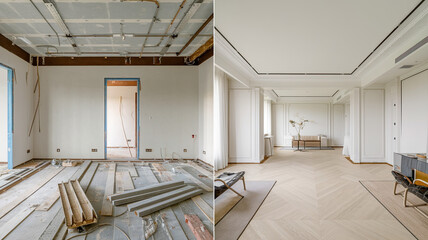 Renovated rooms with spacious windows and heating systems, both before and after the restoration process. Examination of the differences between an old apartment and a newly renovated residence.	