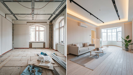 Renovated rooms with spacious windows and heating systems, both before and after the restoration process. Examination of the differences between an old apartment and a newly renovated residence.	