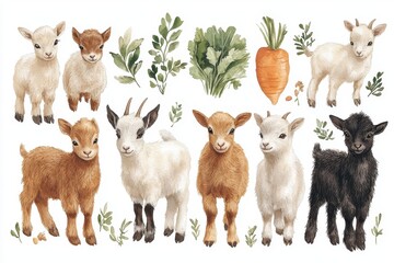 A collection of adorable goat illustrations alongside fresh vegetables and herbs.
