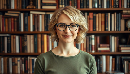 Woman with glasses smiling in front of bookshelves, professional author or education branding portrait