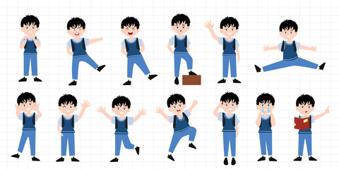 Obraz premium set of popular child boy variant activity. unicorm school diferrent pose character illustration design. simple shirt orange. playing gadget,