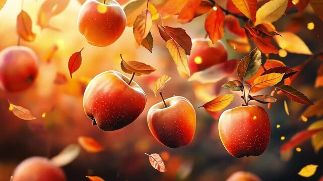 Red apples fall from a tree in a beautiful autumn scene.